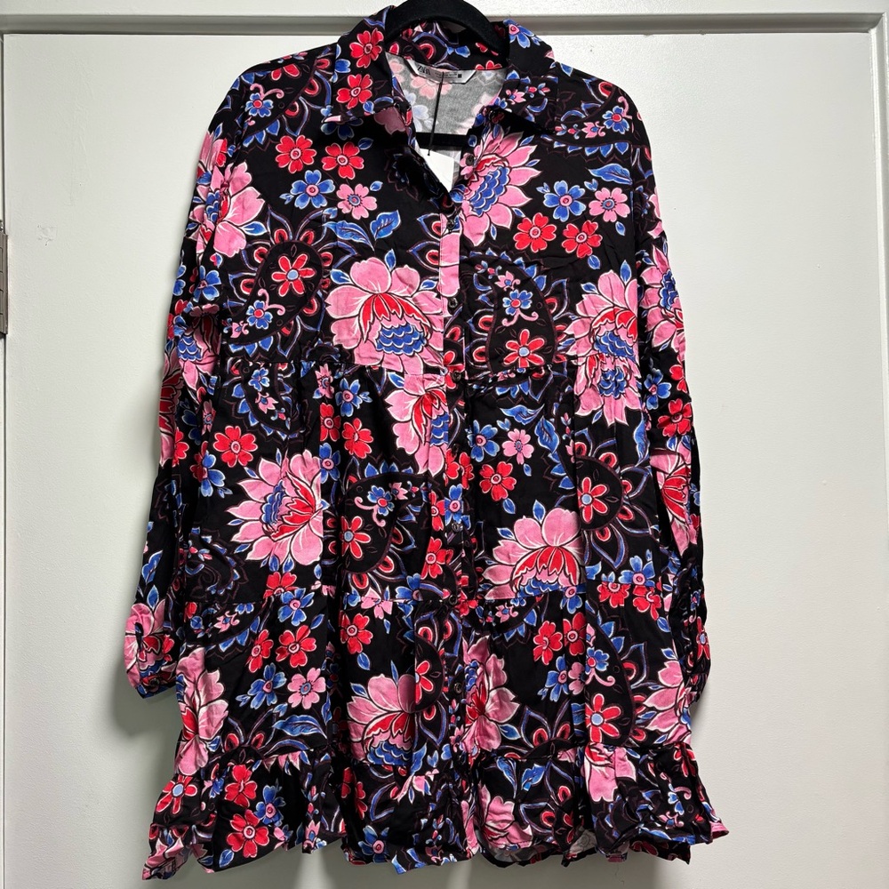 NWT Zara Black Pink Blue Floral Long Sleeve Button Up Dress M 8514/167 Bloggers